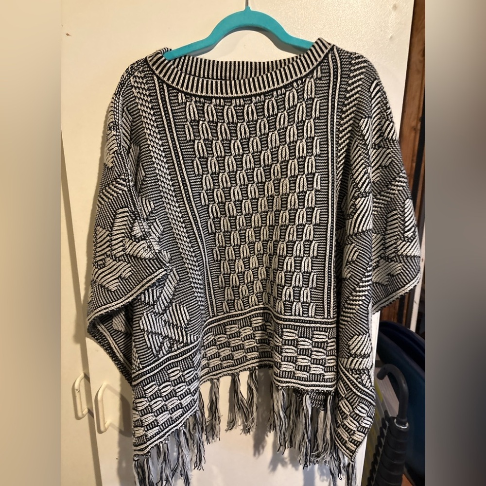 World Market Black & Cream Fringe Knit Poncho Sweater Boho Cape One Size NWT